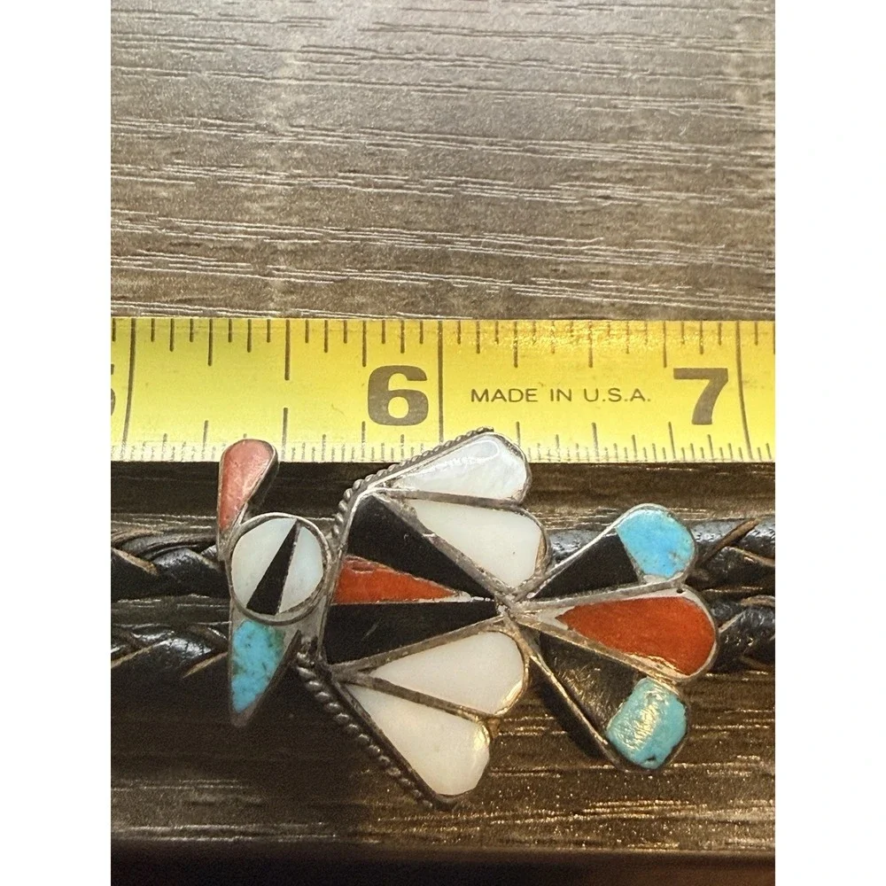 Vintage Native American Zuni Bolo Tie Thunderbird Turquoise Inlay Leather READ